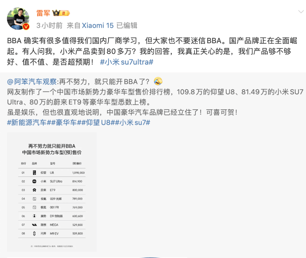 小米汽车卖到80多万<strong></p>
<p>虚拟币王者荣耀</strong>，网友称再不努力只能开BBA！雷军：不要迷信BBA