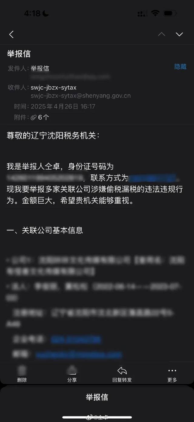 仝卓实名举报33家关联公司偷税漏税