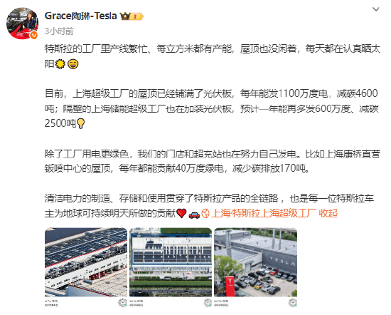 特斯拉副总裁陶琳：特斯拉上海超级工厂屋顶已铺满光伏板<strong></p>
<p>凯尔特人资讯</strong>，每年发1100万度电，减碳4600吨！隔壁储能超级工厂也在加装光伏板