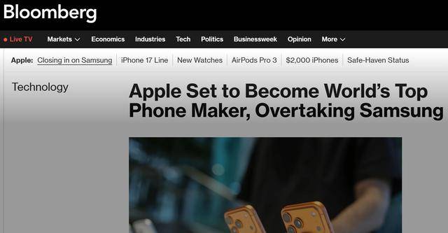 外媒：苹果有望超越三星<strong></p>
<p>资讯点</strong>，成为全球最大手机制造商