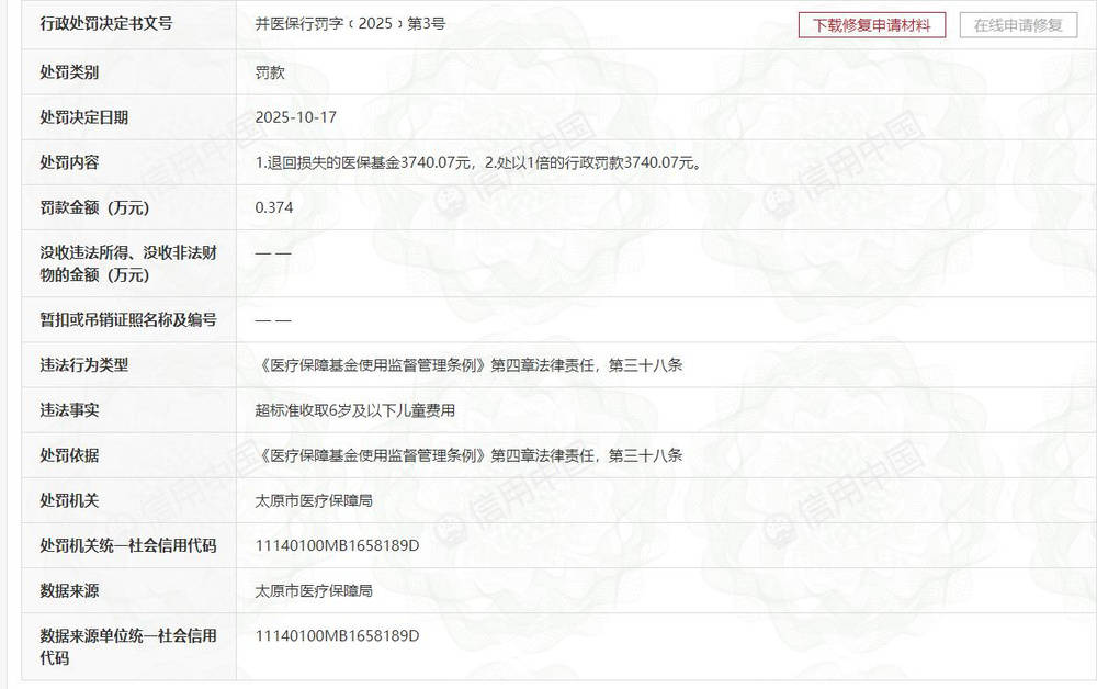 山西省儿童医院超收6岁以下儿童费用<strong></p>
<p>资讯点</strong>，退罚金额合计超7400元