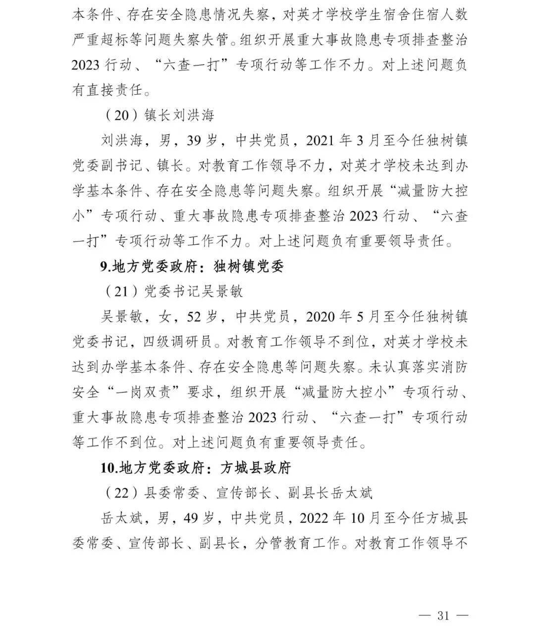 副市长、县委书记、县长、市教育局局长等25人被处理<strong></p>
<p>资讯公司</strong>，方城县英才学校重大火灾事故问责名单公布