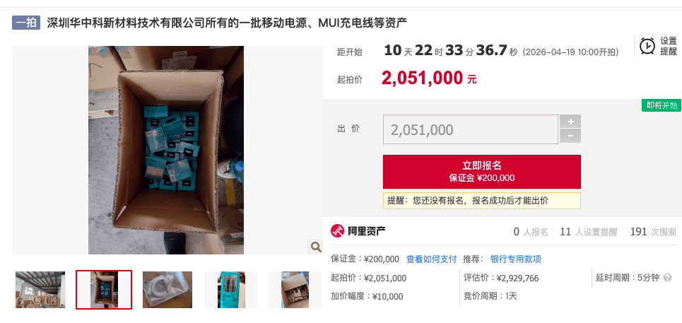 罗马仕子公司14.7万根充电线、2万多个充电宝将被法拍<strong></p>
<p>本地资讯</strong>，七折甩卖，起拍价205万元